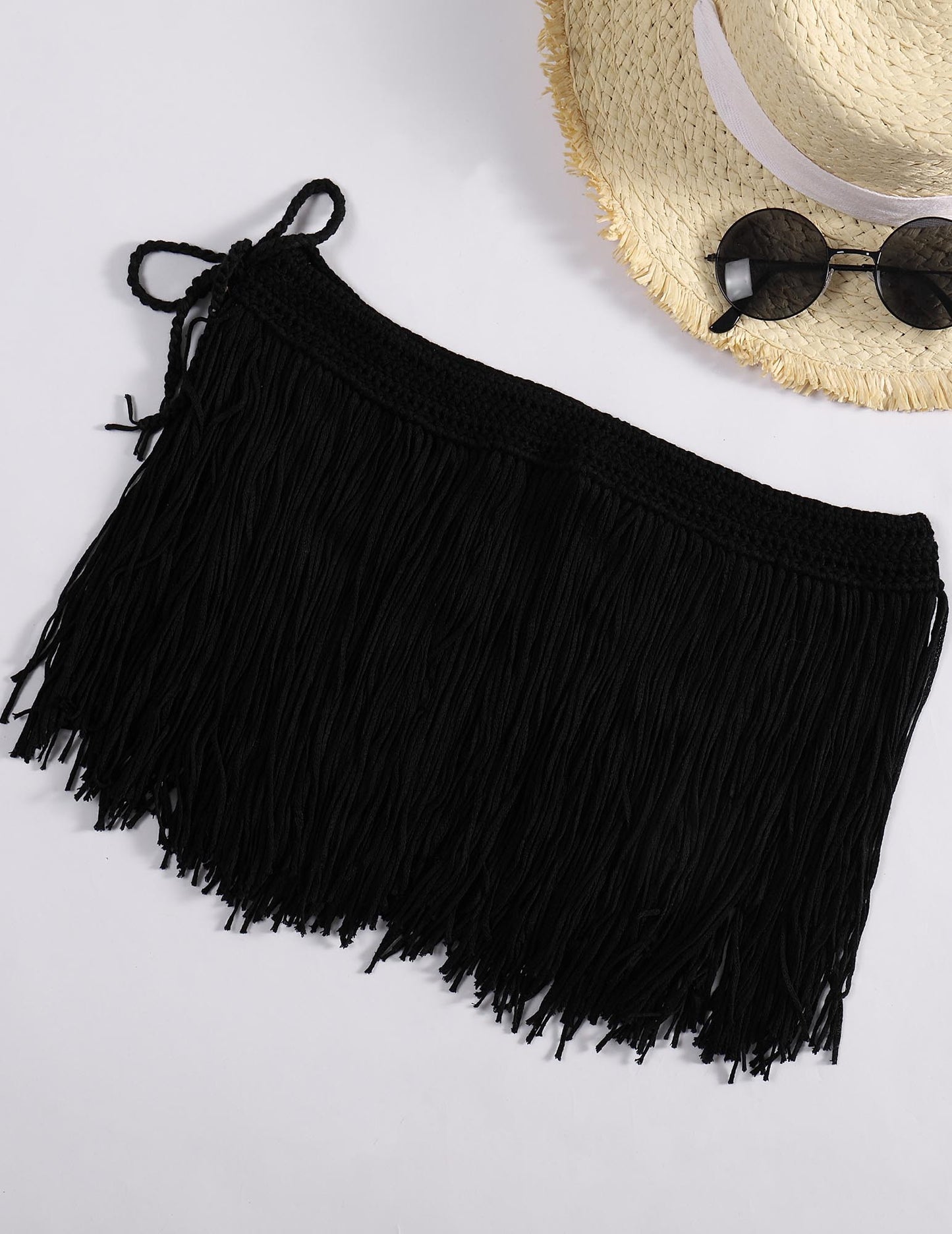 Black Crochet Long Tassel Beach Skirt