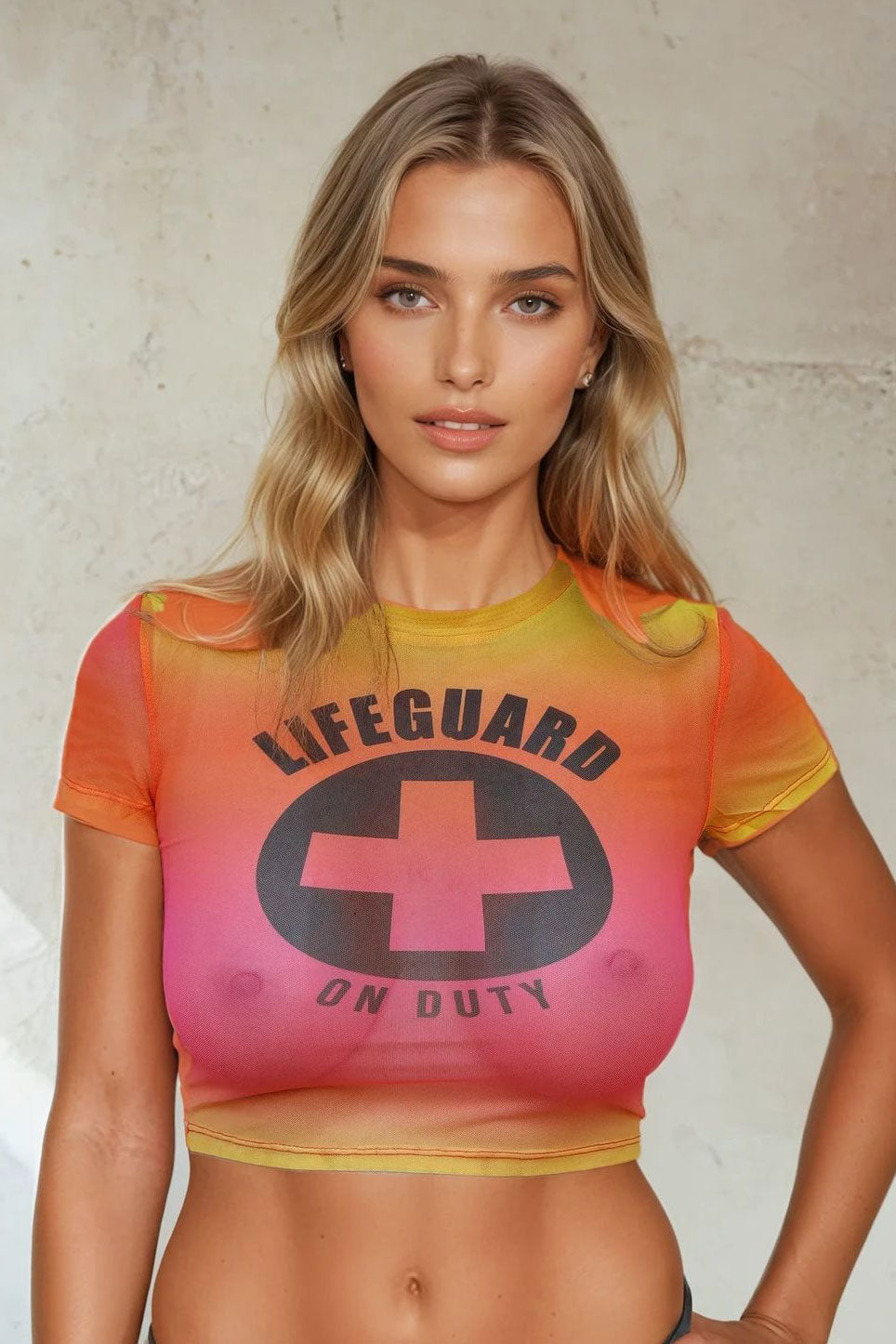 Woman wearing a 'Lifeguard On Duty' shirt with an orange to pink gradient.