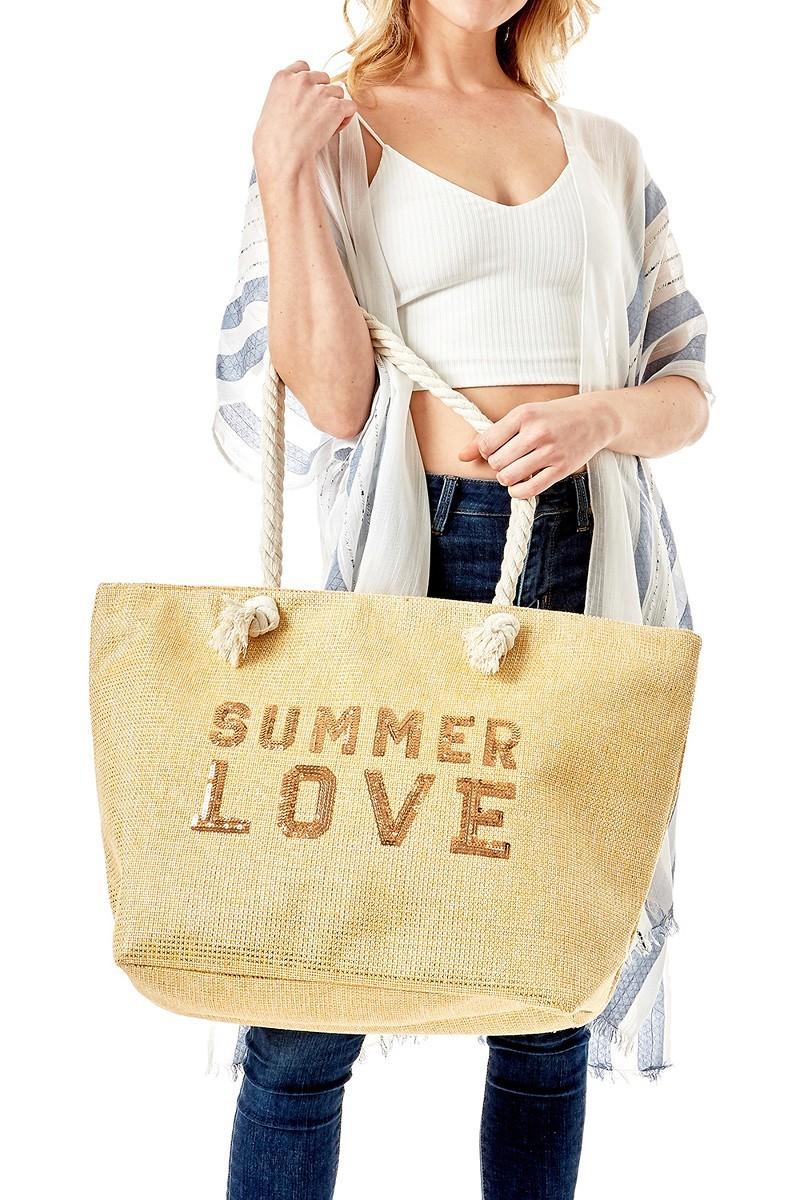 Summer Love sequin beach tote bag. ( Beige )