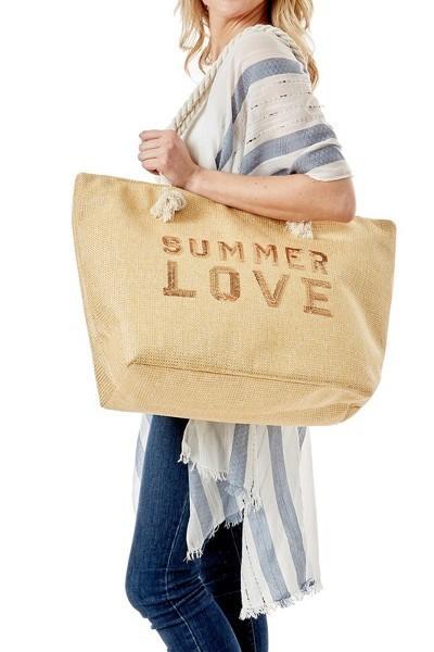 Summer Love sequin beach tote bag. ( Beige )