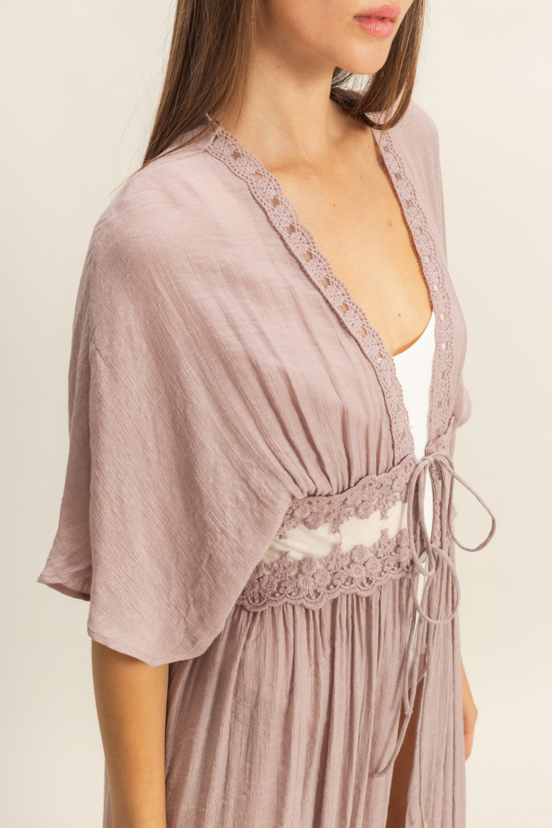 Mauve beach coverup / robe with lace details. Perfect with a Berrydog Bikini. On Sale now.