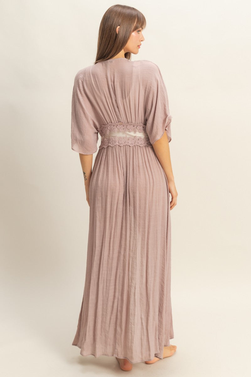 Berrydog Bikini model wearing a long, light brown / mauve robe / beach coverup. On Sale 
